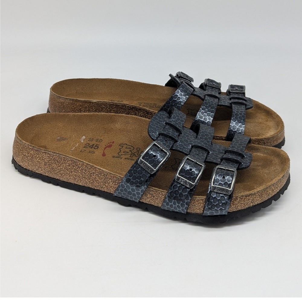 Birkenstock Birkis Xenia Sandals Womens Sz 38 7 Gray Pebbled Triple Strap Shoes